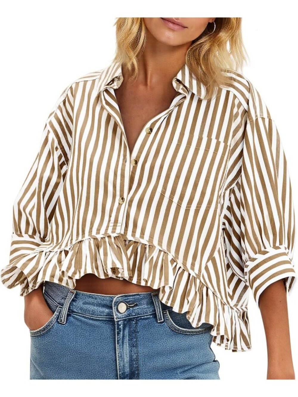 Cropped Striped Button Down Shirt with Ruffle Sleeves - Women's 3/4 Length Top